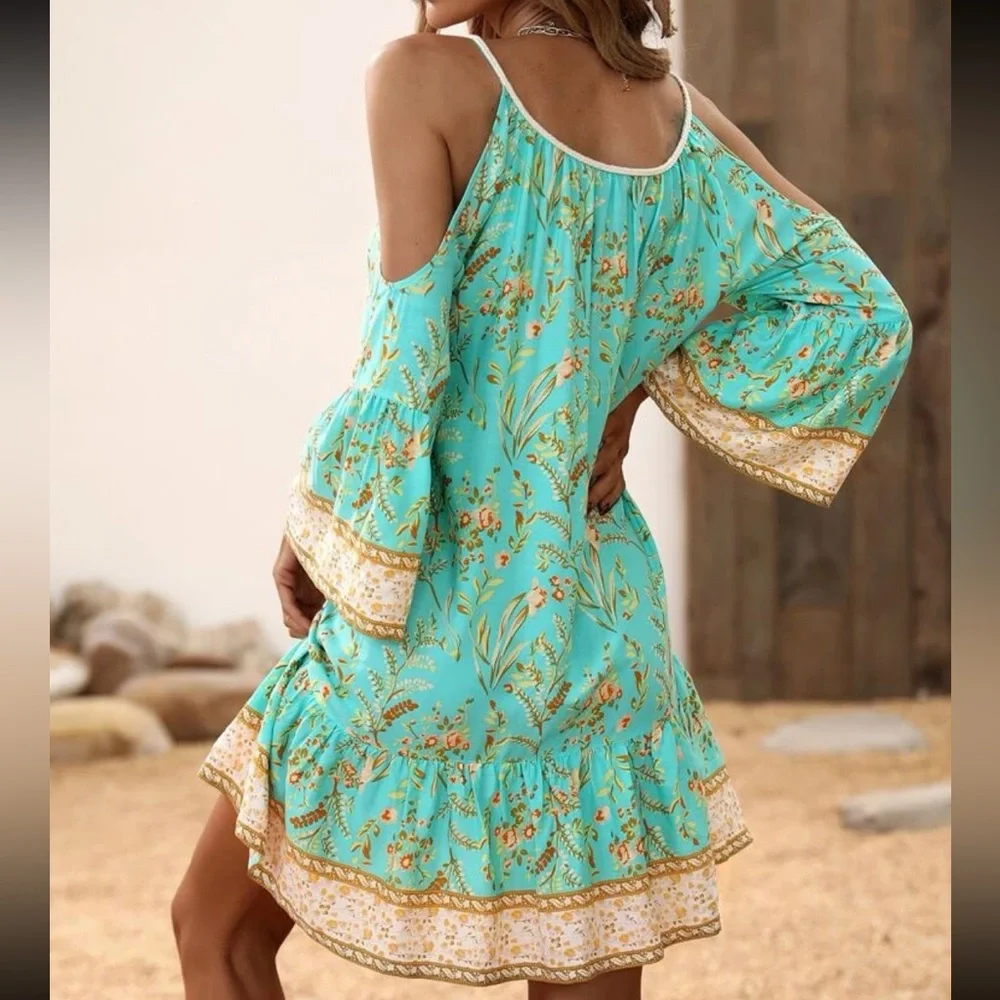 Boho Floral Print Cold Shoulder Flare Sleeve Tassel Tie Dress - Picture 7 of 16